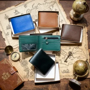 Premium personalised leather wallet for men with multiple color options and stylish gift packaging