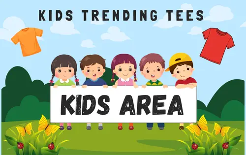Cute kids holding a Kids Area banner – Kids Trending Tees collection for boys and girls