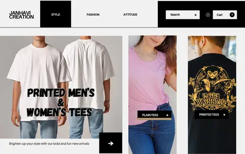 Trendy printed men’s and women’s t-shirts by Janhavi Creation – stylish casual wear in white, pink, and black designs