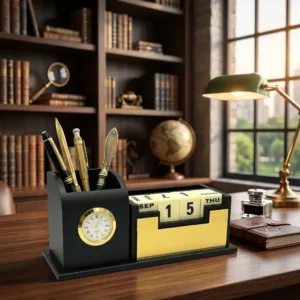 Premium wooden desk organizer with perpetual calendar, clock and pen holder for office table