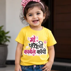 Cute Marathi “मी पप्पाची कार्बन कॉपी” printed kids t-shirt in yellow premium cotton