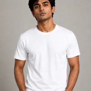 Plain white customized men’s T-shirt mockup with premium cotton fabric for personalized printing and custom design orders.