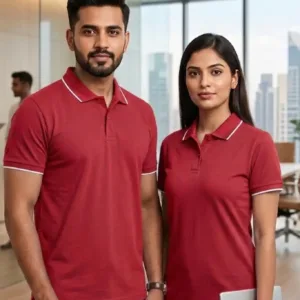 Professional Indian male and female models wearing black polo t-shirts in a modern office setting