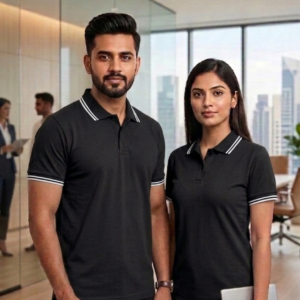Professional Indian male and female models wearing black polo t-shirts in a modern office setting