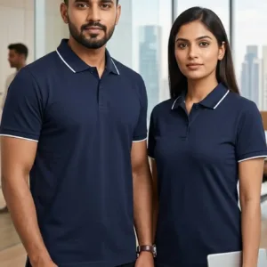 Professional Indian male and female models wearing black polo t-shirts in a modern office setting