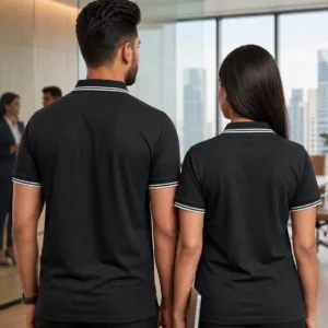 Professional Indian male and female models wearing black polo t-shirts in a modern office setting