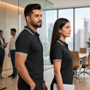 Professional Indian male and female models wearing black polo t-shirts in a modern office setting