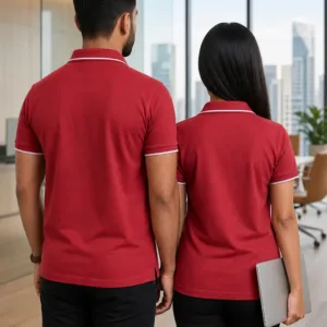 Professional Indian male and female models wearing black polo t-shirts in a modern office setting