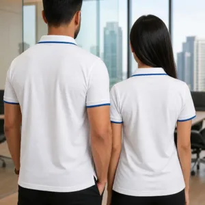 Professional Indian male and female models wearing black polo t-shirts in a modern office setting