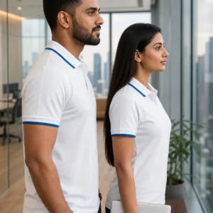 Professional Indian male and female models wearing black polo t-shirts in a modern office setting