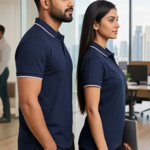 Professional Indian male and female models wearing black polo t-shirts in a modern office setting