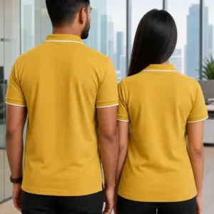 Professional Indian male and female models wearing black polo t-shirts in a modern office setting