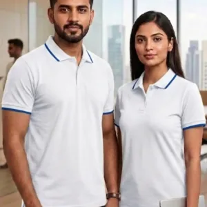 Professional Indian male and female models wearing black polo t-shirts in a modern office setting