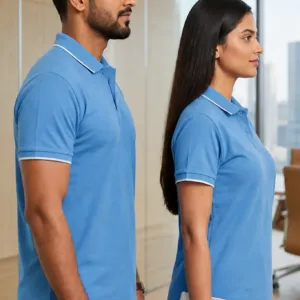 Blue corporate polo t-shirt front and back view for men and women, customized office uniform t-shirt India