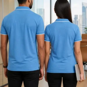 Blue corporate polo t-shirt front and back view for men and women, customized office uniform t-shirt India
