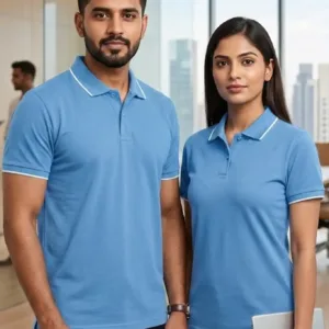 Blue corporate polo t-shirt front and back view for men and women, customized office uniform t-shirt India