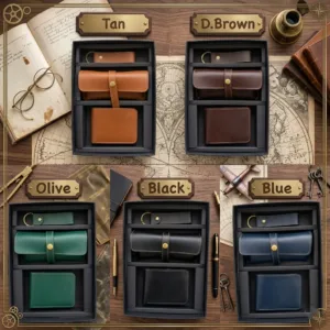 Personalised leather wallet, goggles cover and keychain combo gift set with premium box packaging