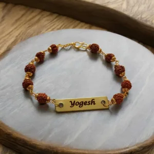 Personalized Rudraksha Rakhi with custom name plate for brother