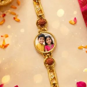 Personalised Photo Rakhi Bracelet – Golden Chain with Photo Pendant